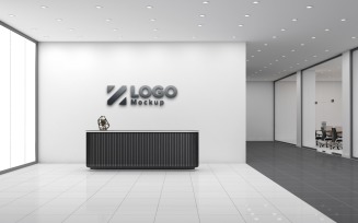 Office Reception counter with White wall with Meeting Room Logo Mockup Template