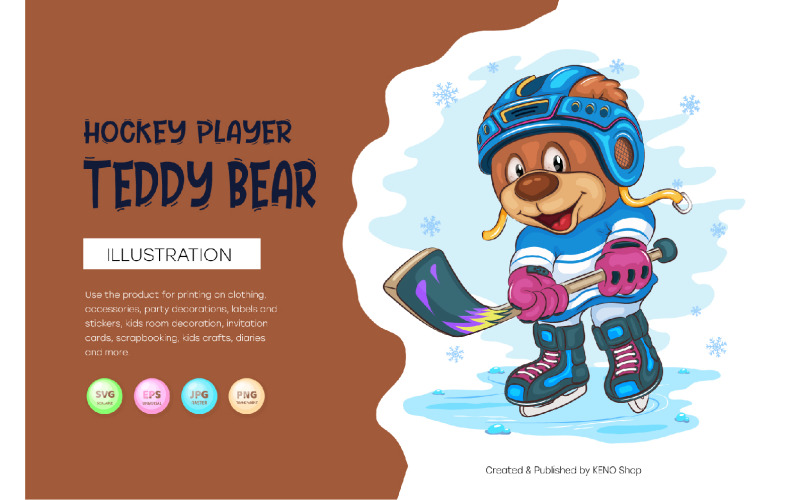 Cartoon Teddy Bear Hockey. T-Shirt, PNG, SVG. Vector Graphic