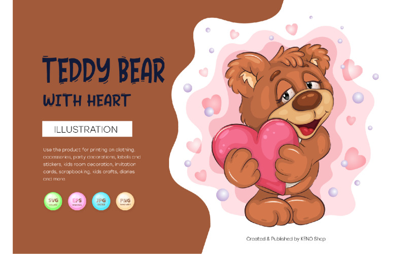 Cute Teddy Bear with Heart. T-Shirt, PNG, SVG. Vector Graphic