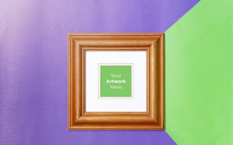 Square Wooden Frame Mockup with purple & Green Color paper Background Product Mockup