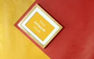 Square Wooden Frame Mockup with yellow and red Color paper Background Template