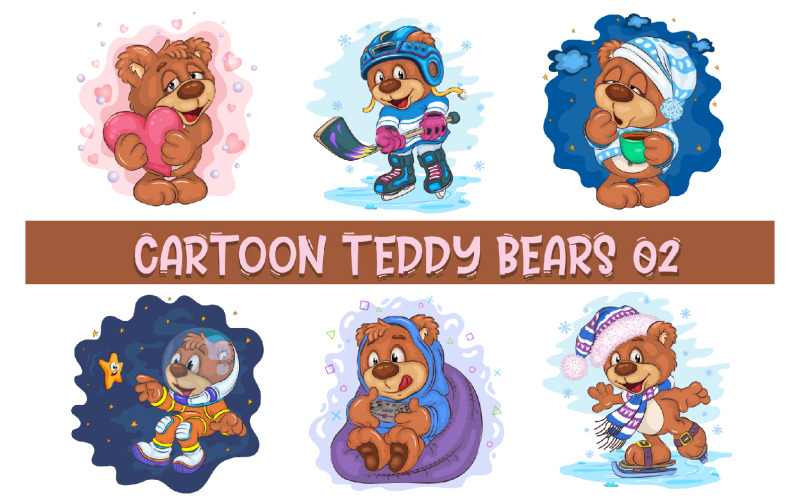 Set of Cartoon Teddy Bears 02. T-Shirt. Vector Graphic