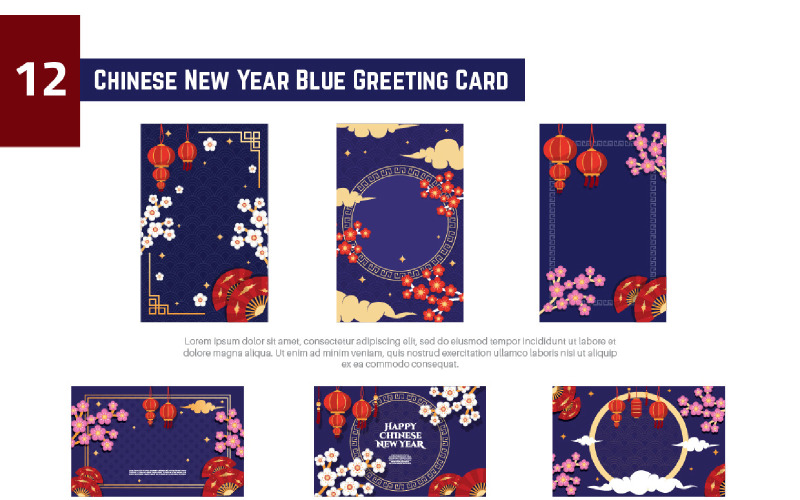 12 Chinese New Year Blue Greeting Card Illustration
