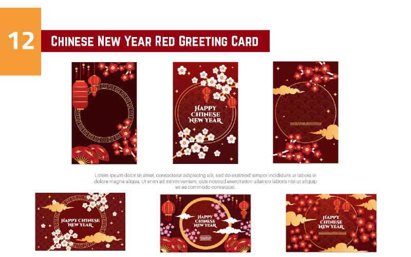 12 Chinese New Year Red Greeting Card Illustration