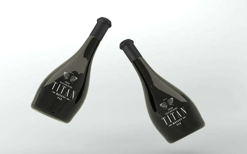 3D rendering of two Titan black champagne bottles isolated in the light gray background Product Mockup