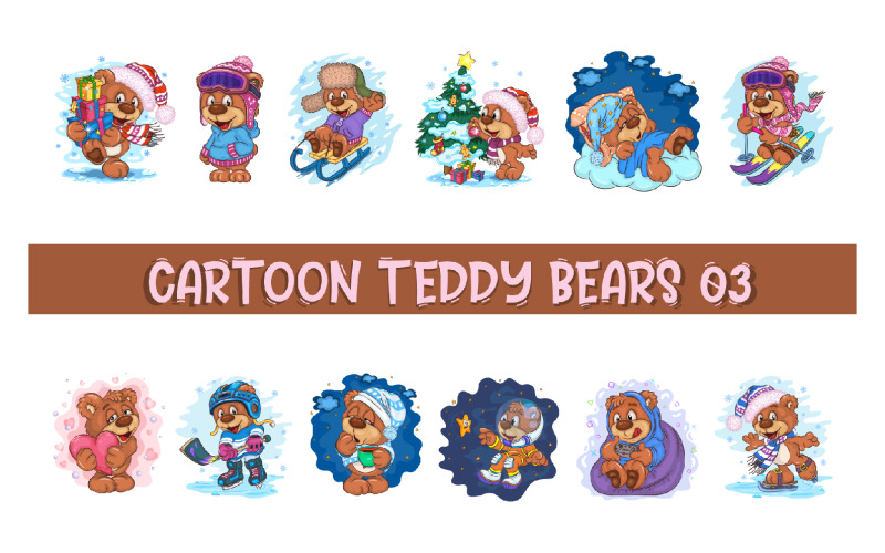 Set of Cartoon Teddy Bears 03. T-Shirt. Vector Graphic