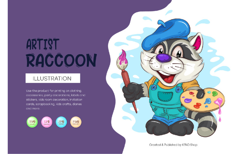 Cartoon Raccoon Artist. T-Shirt, PNG, SVG. Vector Graphic