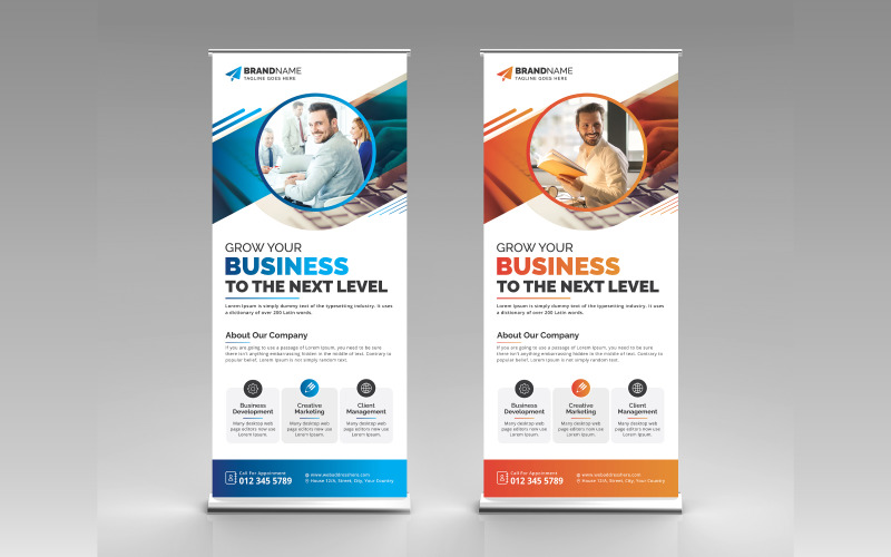 Orange and Blue Corporate Roll Up Banner, X Banner, Standee Template Design for Advertising Corporate Identity