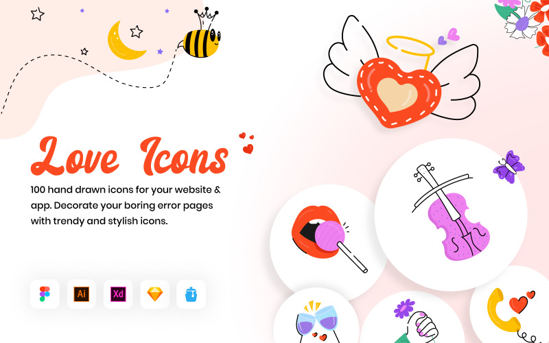 100 Hand Drawn Love Icons Vector Graphic