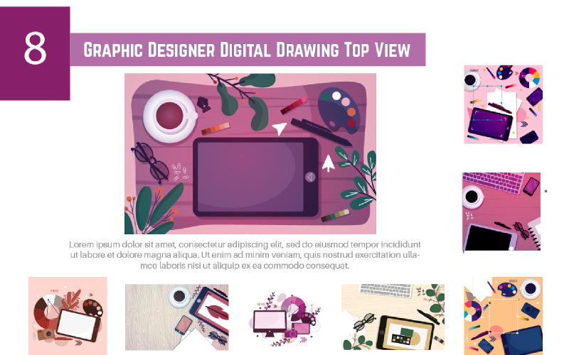 8 Graphic Designer Digital Drawing Top View Illustration