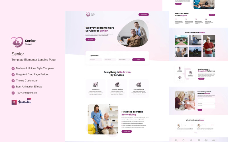 Senior Shield - Home Care Services Ready to use Elementor Landing Page Template Elementor Kit