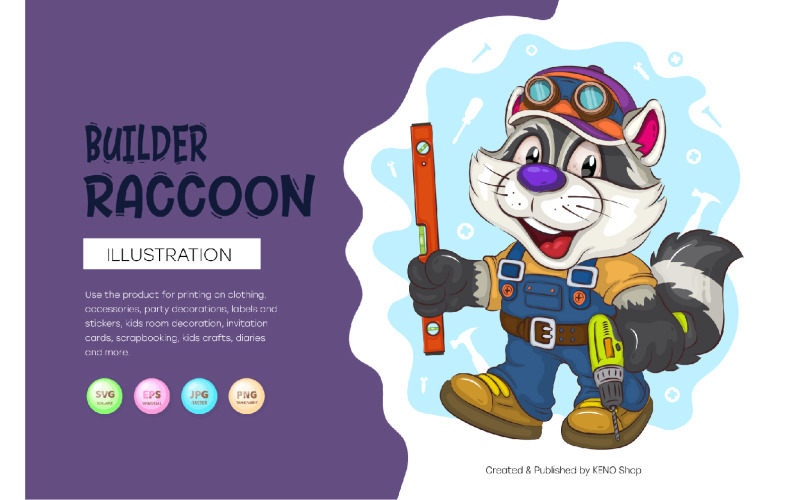 Cartoon Raccoon Builder. T-Shirt, PNG, SVG. Vector Graphic