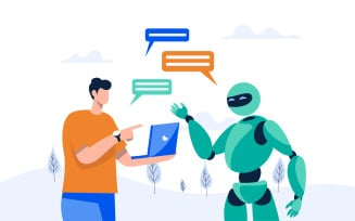 Free Artificial Intelligence Doing Tasks At Laptop. Robot Chat With Man Illustration Concept Vector