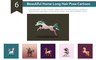 6 Beautiful Horse Long Hair Pose Cartoon Illustration