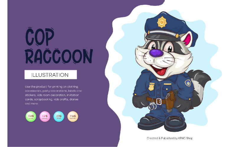 Cartoon Raccoon Cop. T-Shirt, PNG, SVG. Vector Graphic