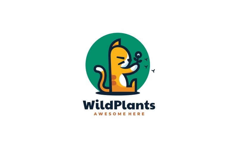 Cat and Wild Plants Cartoon Logo Logo Template