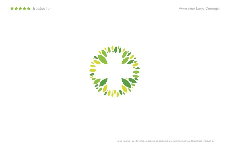 Cross symbol in negative space of green leaves circle. Logo Template