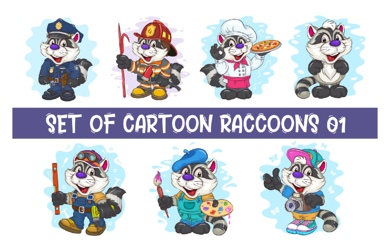 Set of Cartoon Raccoons 01. T-Shirt. Vector Graphic