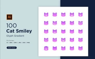 100 Cat Smiley Glyph Gradient Icon Set