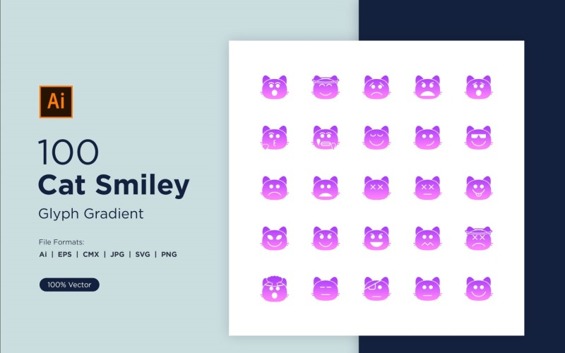 100 Cat Smiley Glyph Gradient Icon Set