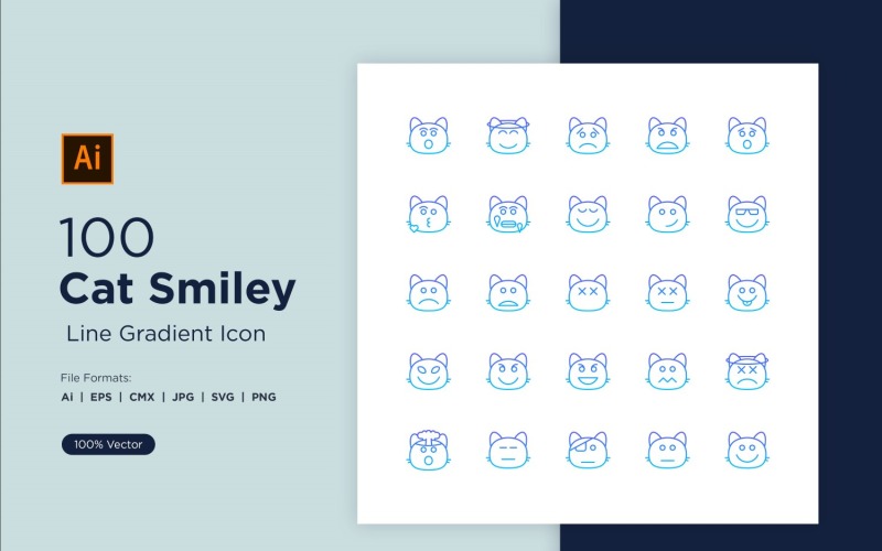 100 Cat Smiley Line Gradient Icon Set