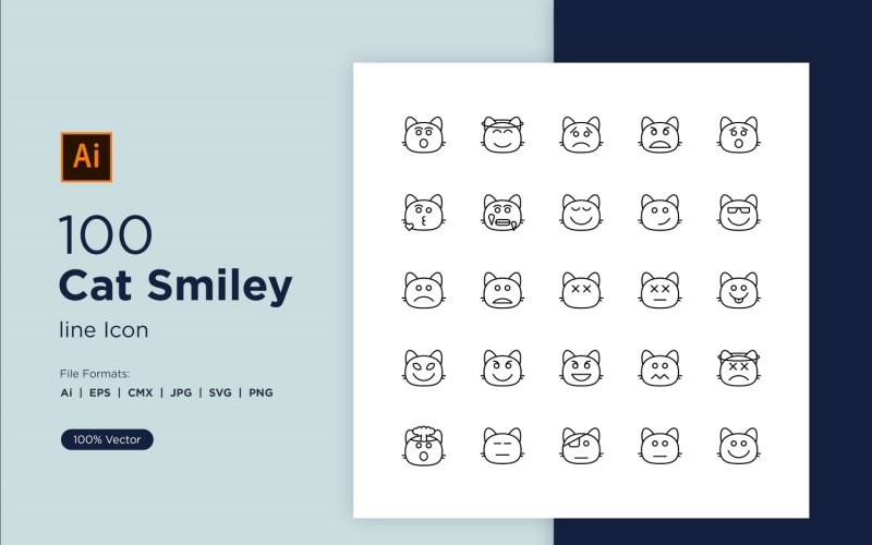 100 Cat Smiley Line Icon Set