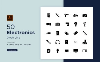 50 Electronics Glyph Line Icon Set