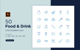 50 Food And Drink Line Gradient Icon Set