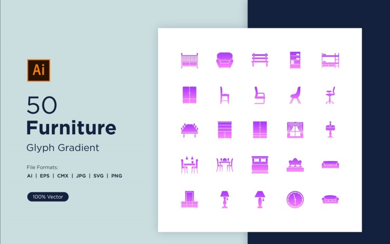 50 Furniture Glyph Gradient Icon Set