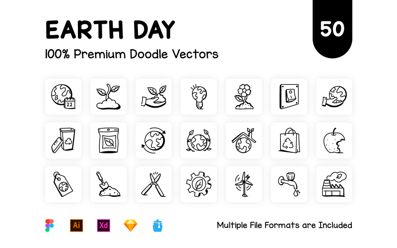 50 Doodle Earth Day Vector Icons Icon Set