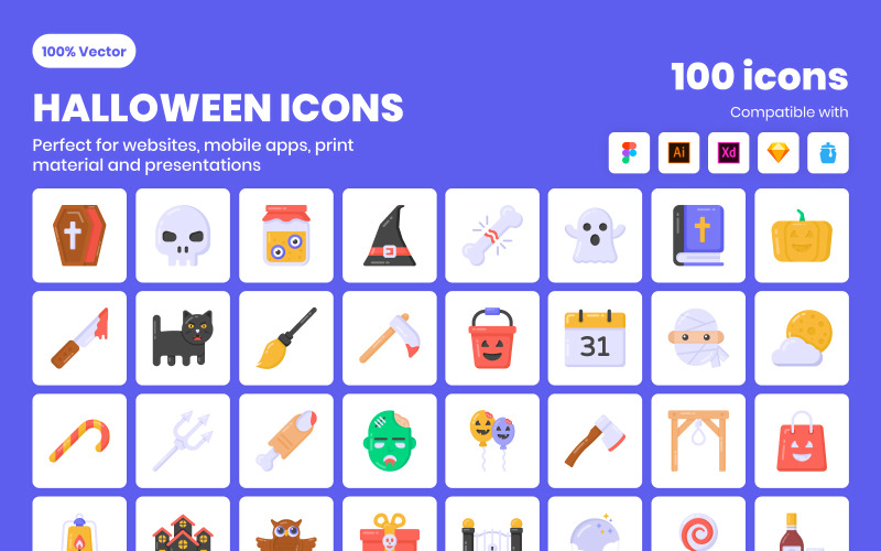 100 Flat Detailed Halloween Icons Icon Set