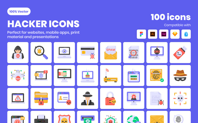 100 Flat Hacking Vector Icons Icon Set