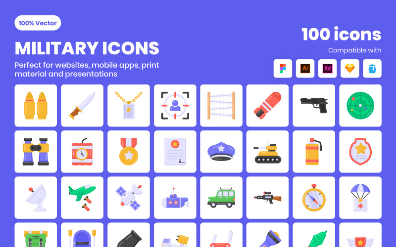 100 Flat Military Vector Icons Icon Set