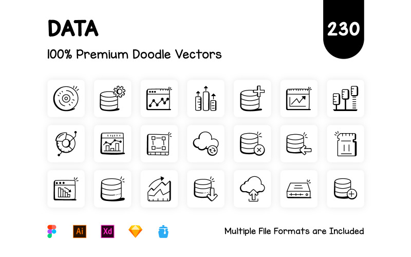 Set of 230 Doodle Data Icons Icon Set