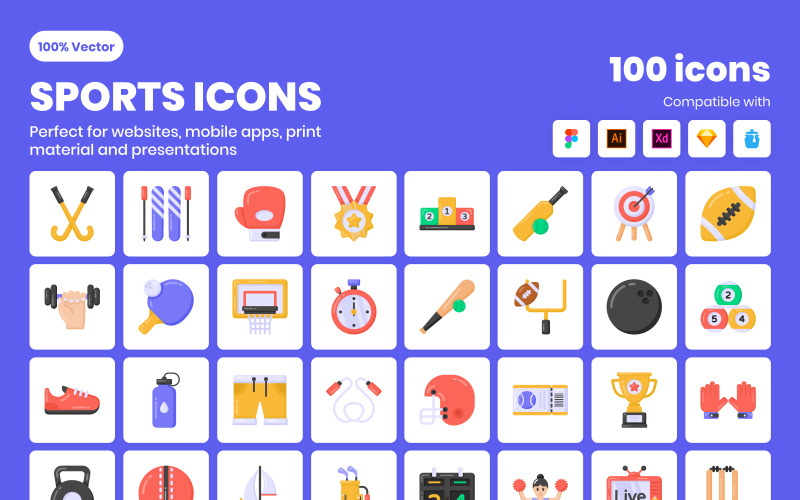100 Sports Flat Vector Icons Icon Set