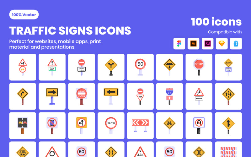 Flat Traffic Signs Vectors Icons Icon Set