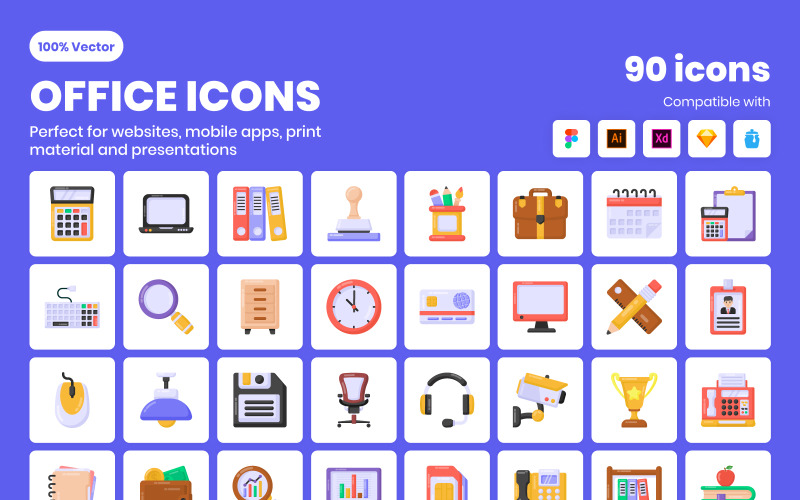 90 Office Flat Vector Icons Icon Set