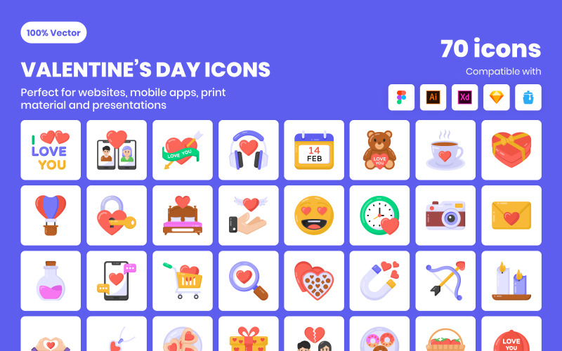 70 Valentine's Day Flat Icons Icon Set