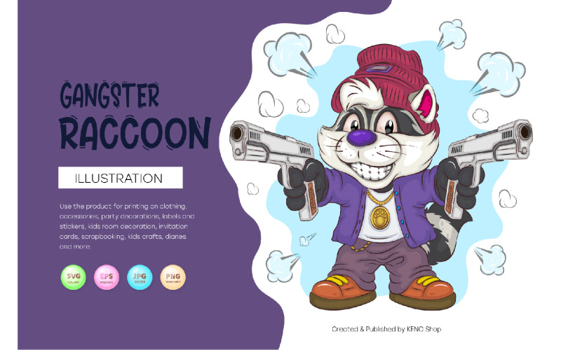 Cartoon Raccoon Gangster. T-Shirt, PNG, SVG. Vector Graphic