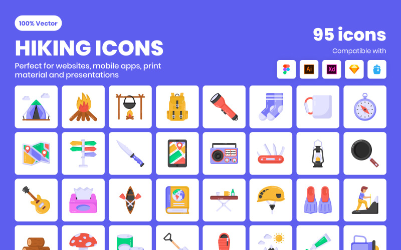 96 Flat Adventure and Hiking Icons Icon Set
