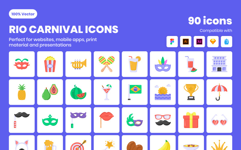 90 Flat Carnival Vector Icons Icon Set