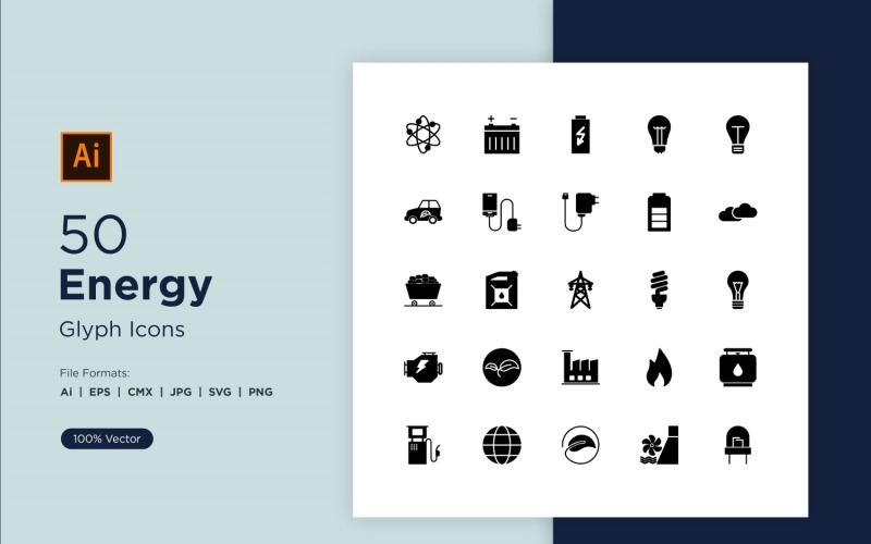 50 Energy Glyph Icons Set Icon Set