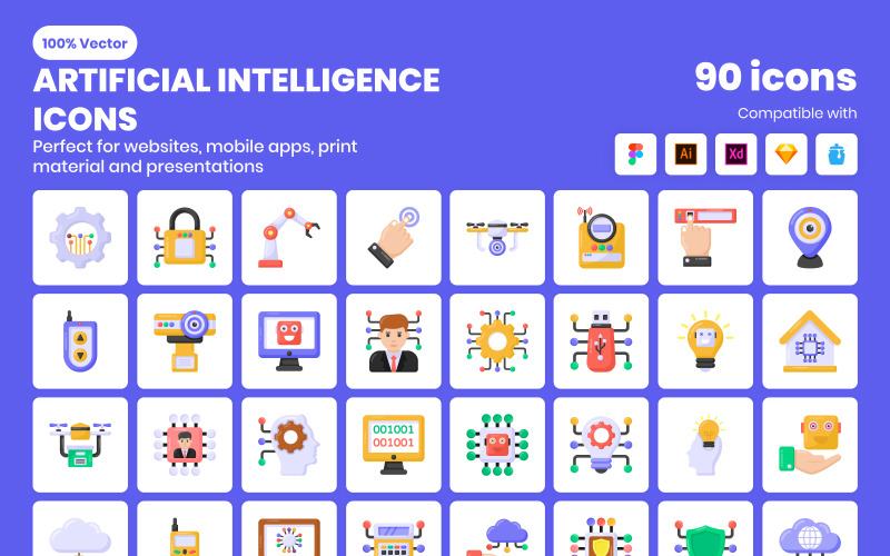 90 Flat Artificial intelligence Icon Icon Set