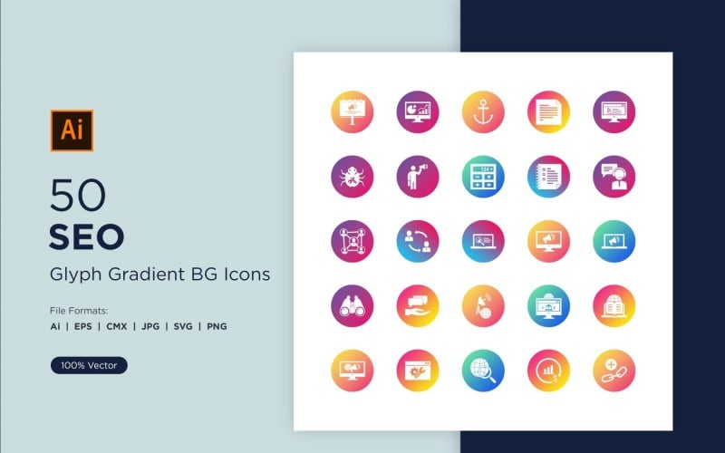 50 SEO Glyph Gradient BG icon Icon Set