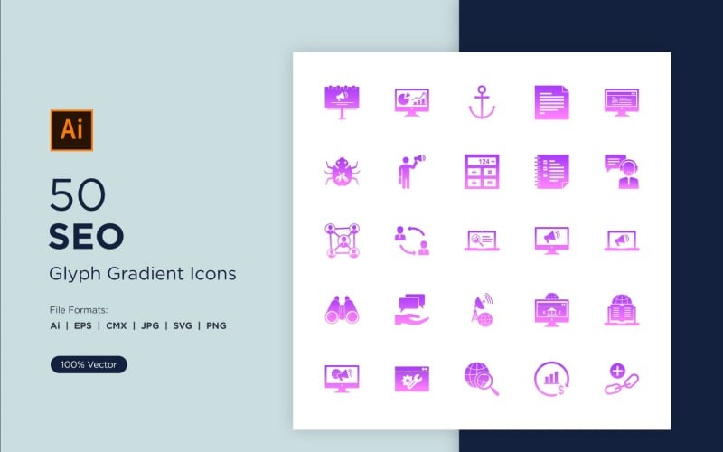 50 SEO Glyph Gradient Icon Icon Set