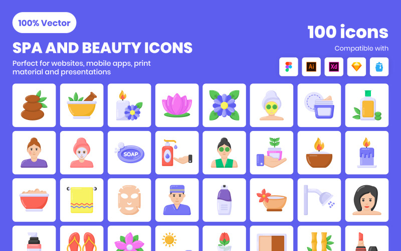 100 Spa and Beauty Flat Icons Icon Set