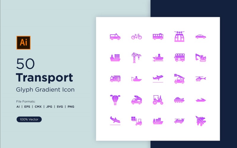 50 Transportation Glyph Gradient Icons Set Icon Set