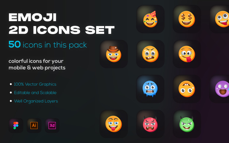 50 Emojis Icons - Flat Vectors Icon Set
