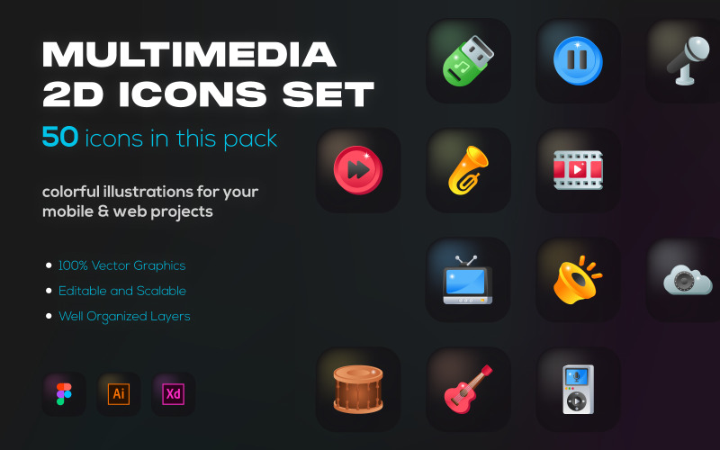 50 Music and Multimedia Icons Icon Set