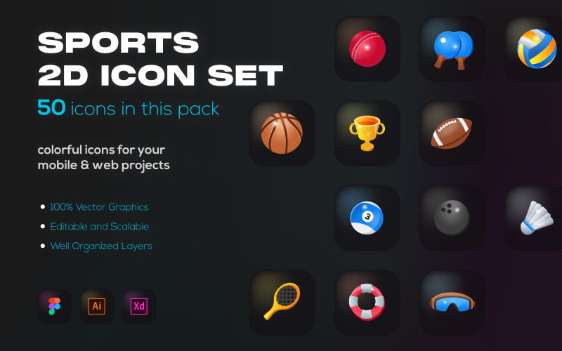50 Sports 2D Icons - Flat Vectors Icon Set